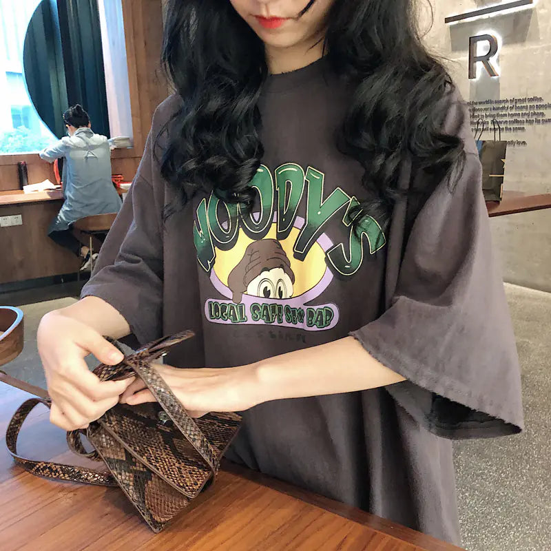 Loose-Fit Summer T-Shirt for Women with Cartoon Print