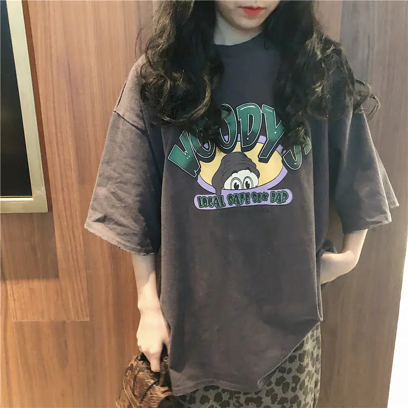 Loose-Fit Summer T-Shirt for Women with Cartoon Print