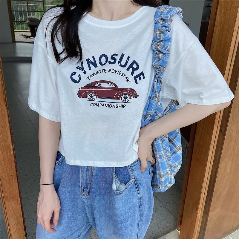 Loose Fit Short Sleeve T-Shirt for Women - Vintage Style