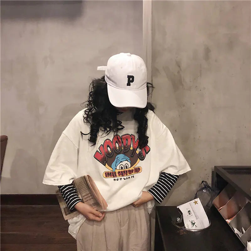 Loose-Fit Summer T-Shirt for Women with Cartoon Print