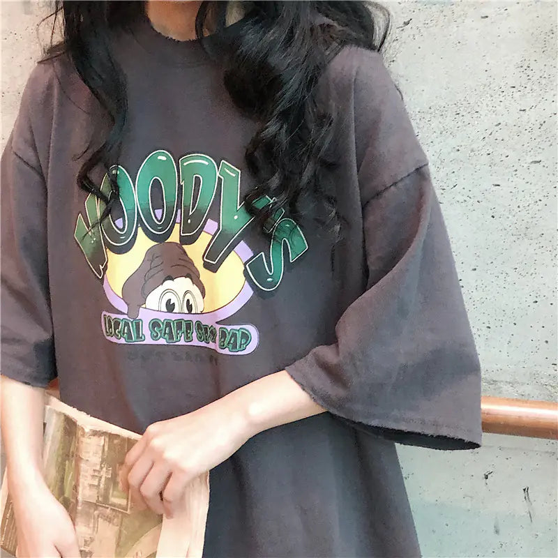 Loose-Fit Summer T-Shirt for Women with Cartoon Print