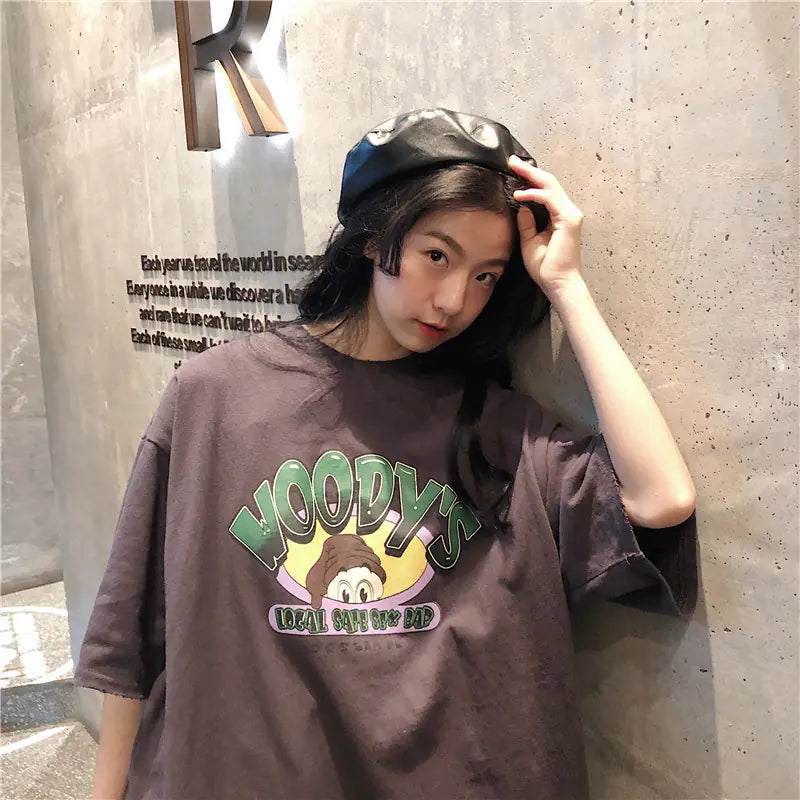 Loose-Fit Summer T-Shirt for Women with Cartoon Print