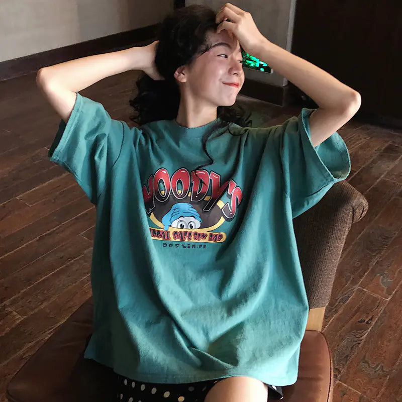 Loose-Fit Summer T-Shirt for Women with Cartoon Print