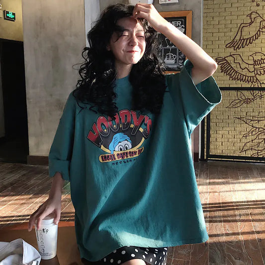 Loose-Fit Summer T-Shirt for Women with Cartoon Print