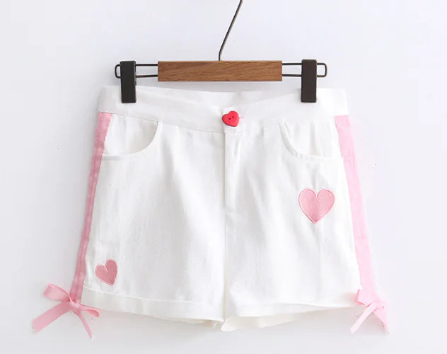 Heart Embroidery Side Ribbon Shorts for Women