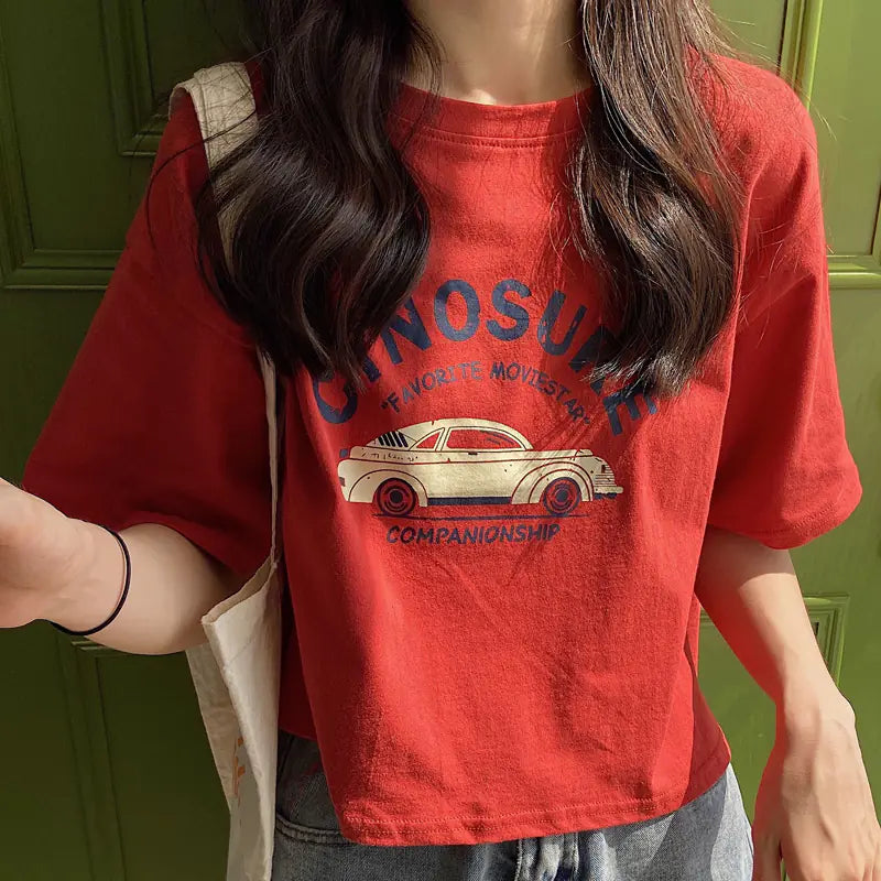 Loose Fit Short Sleeve T-Shirt for Women - Vintage Style